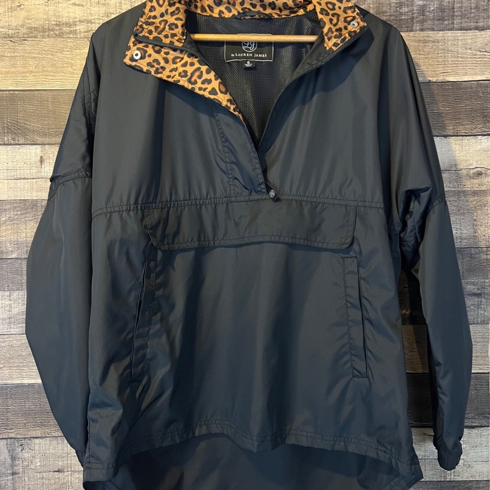 Lauren James Black Pullover Jacket Leopard Print Collar & Hood S Outdoor Rain
